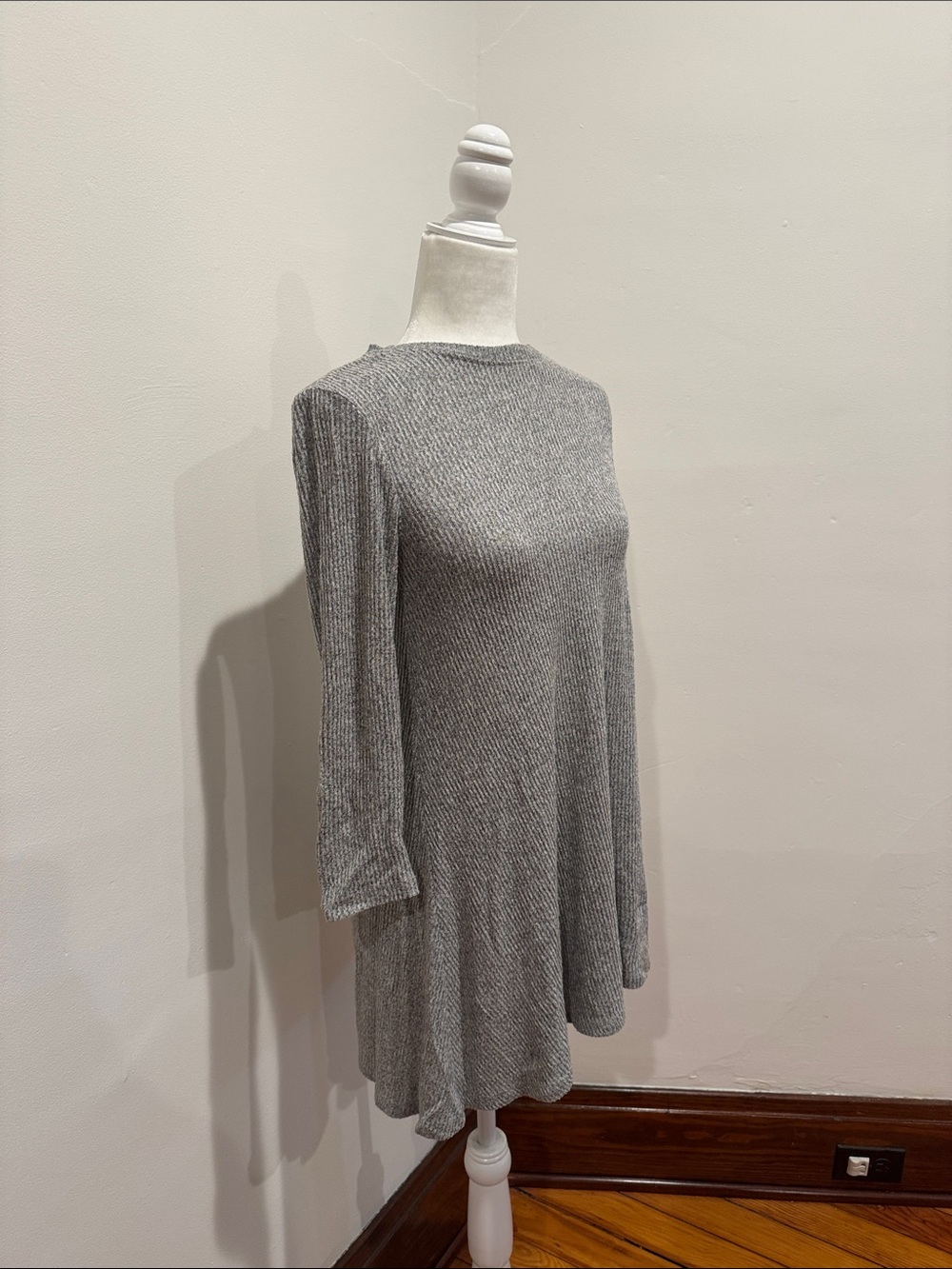 Cherish Gray Long-Sleeve Ribbed A-Line Dress